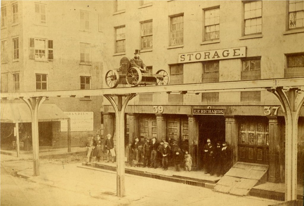 Inventor Charles T. Harvey making a test run on December 7, 1867.