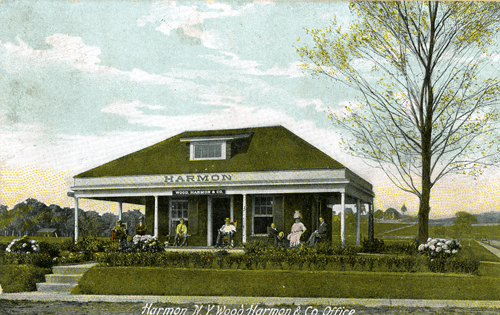 A postcard of the Harmon sales office on the corner of South Riverside Avenue and Benedict Boulevard. The building is now a nail salon.