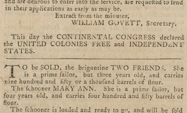 The announcement of independence appeared on the last page, above an advertisement for the sale of two ships.