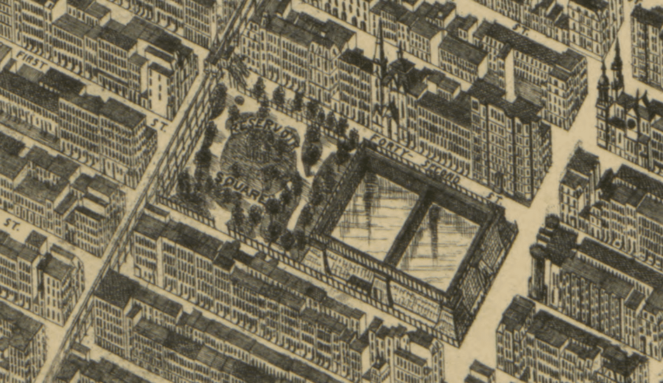 The Distributing Reservoir at Fifth Avenue and 42nd Street. Click to enlarge.