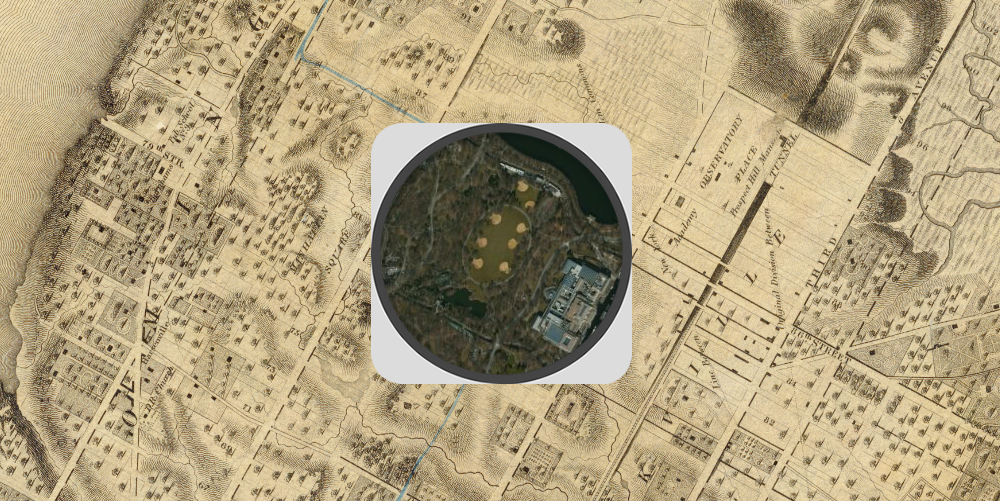 Colton's 1836 map of the sparsely populated area around Central Park. The satellite image in the middle shows the location of what was the Croton Aqueduct Receiving Reservoir (the six yellow dots—probably baseball fields). The large building in the lower right of the satellite image is the Metropolitan Museum of Art. Click to enlarge.