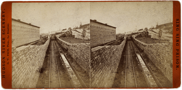 Hudson River Railroad tracks running through Sing Sing Prison. Stereoview by G. W. Patch.