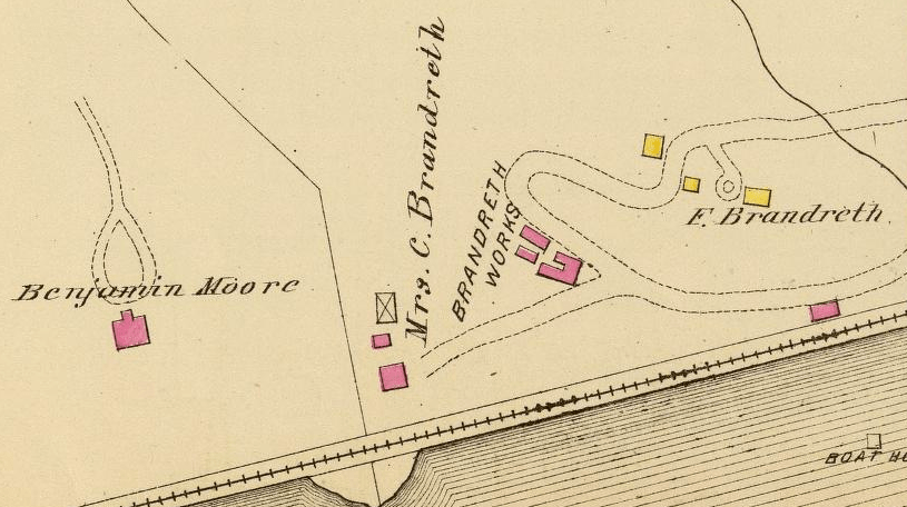 The Benjamin Moore estate (left) from the Atlas of Westchester County, New York by G.W. Bromley & Co., 1881.