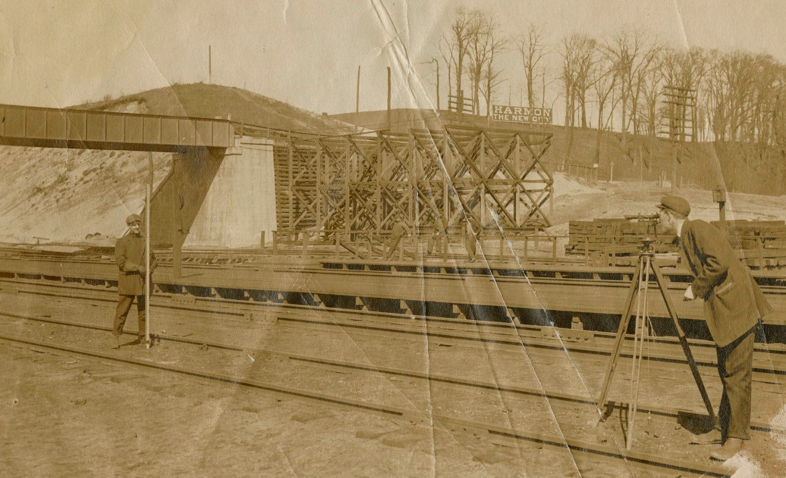 Surveyors working along the tracks at the Harmon Shops, circa 1906. Courtesy of Carl Oechsner.
