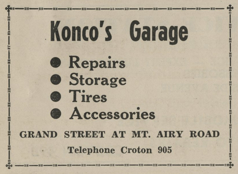 Ad for Konco's Garage from the 1938 Croton-on-Hudson phone directory.